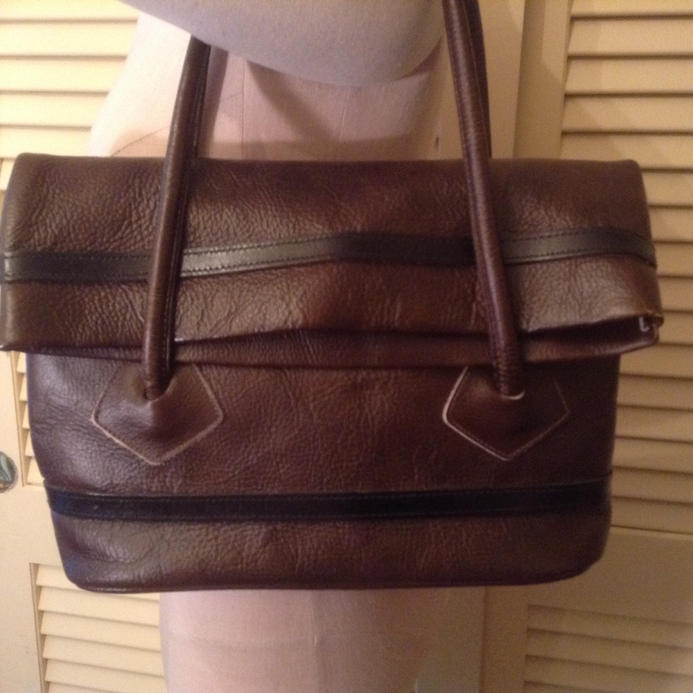 Brown Leather Shoulder Foldover Bag with Black Trim